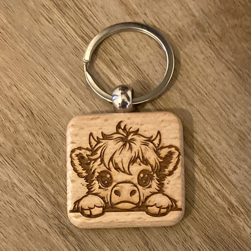 Wooden engraved cow - wooden, keyring